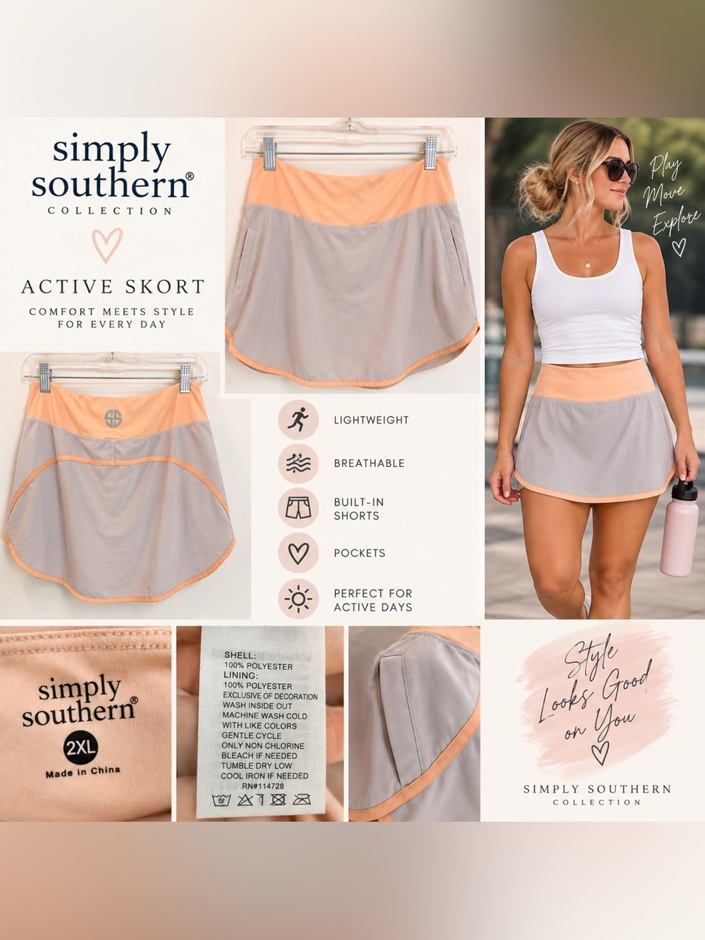 Simply Southern Collection Women’s 2XL Active Skort Peach Gray Athletic Skirt